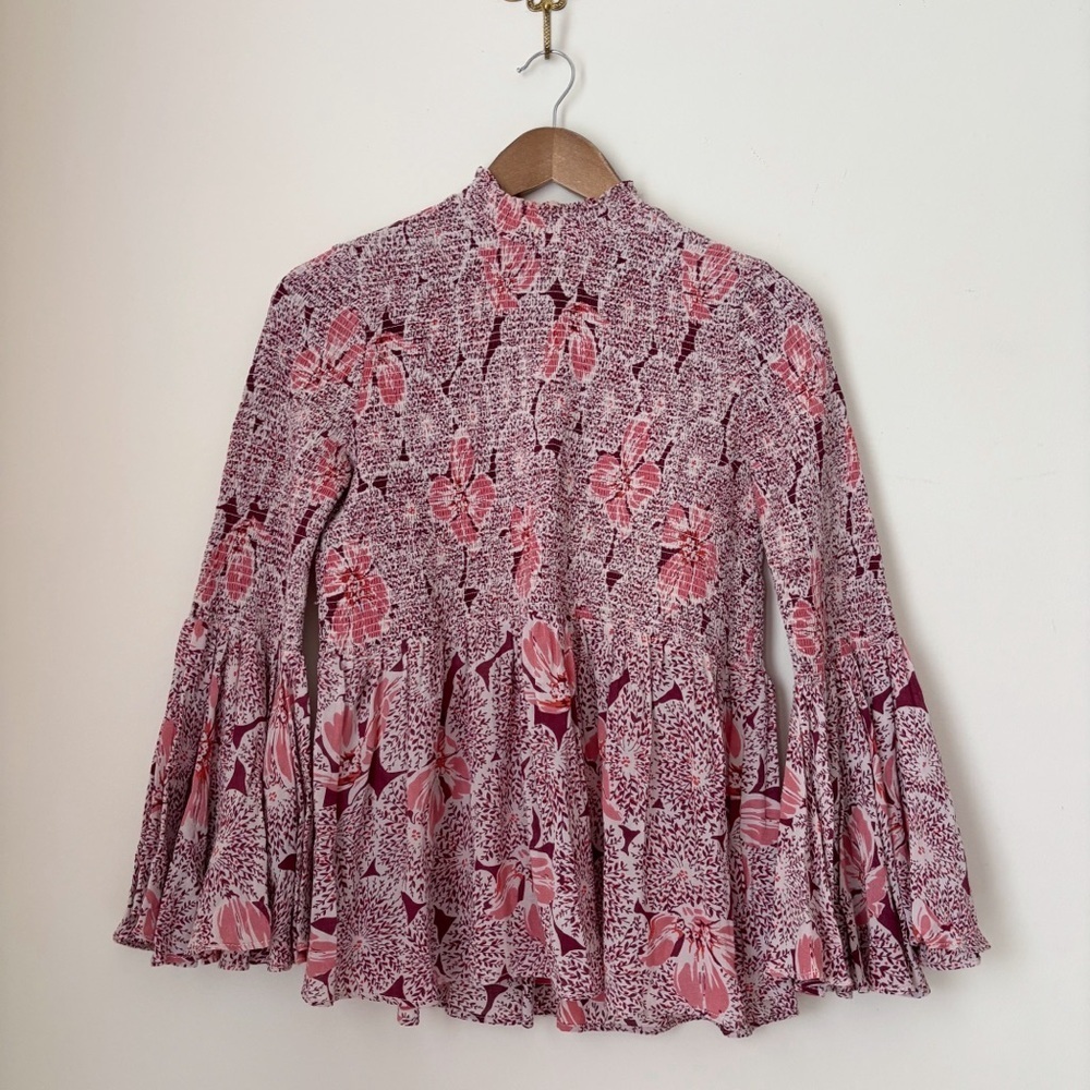 ByTiMo Pink Floral Smocked Blouse Small Summer Boho Luxe - Picture 1 of 9